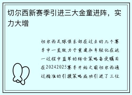 切尔西新赛季引进三大金童进阵，实力大增